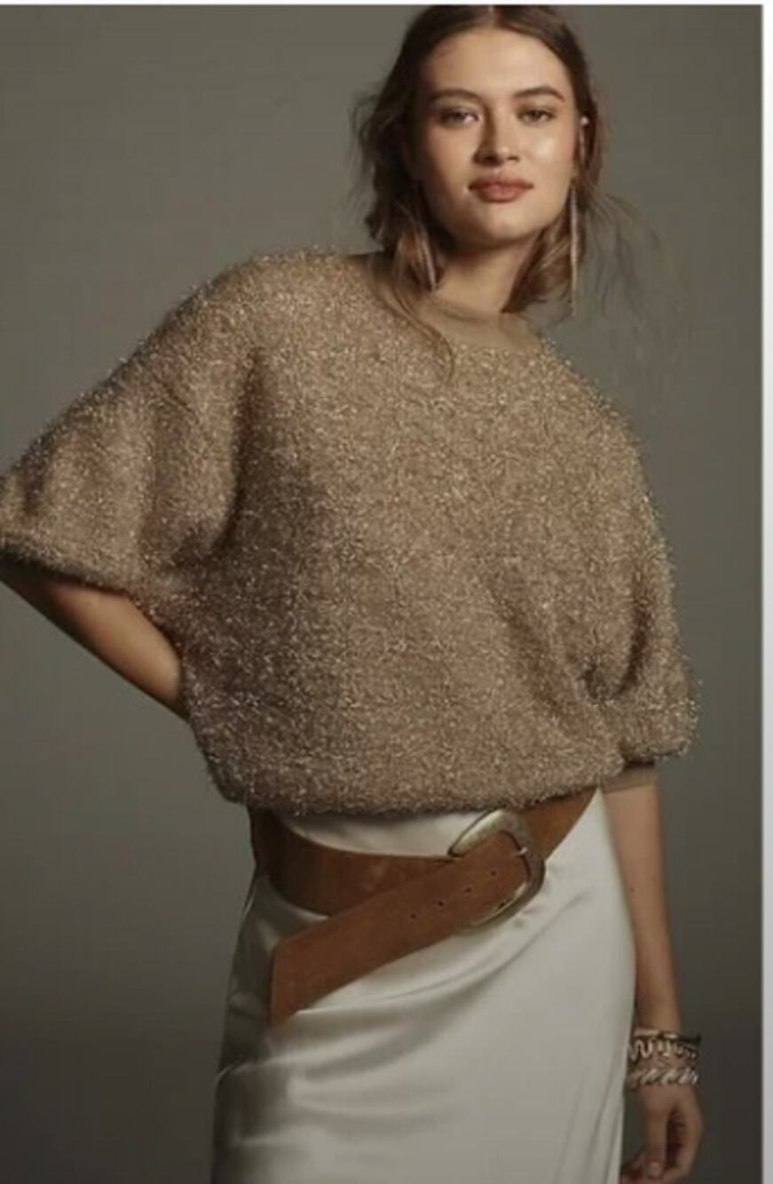 Anthropologie Maeve The Violetta Short Sleeve Tinsel Sweater Gold Womens XS, NWT
